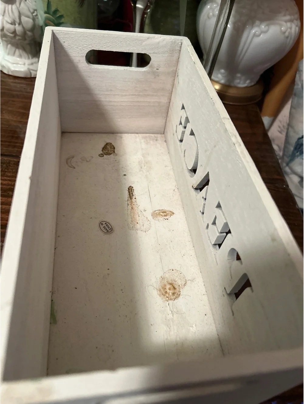White Wooden Storage Box with 'PEACE' Cutout Design